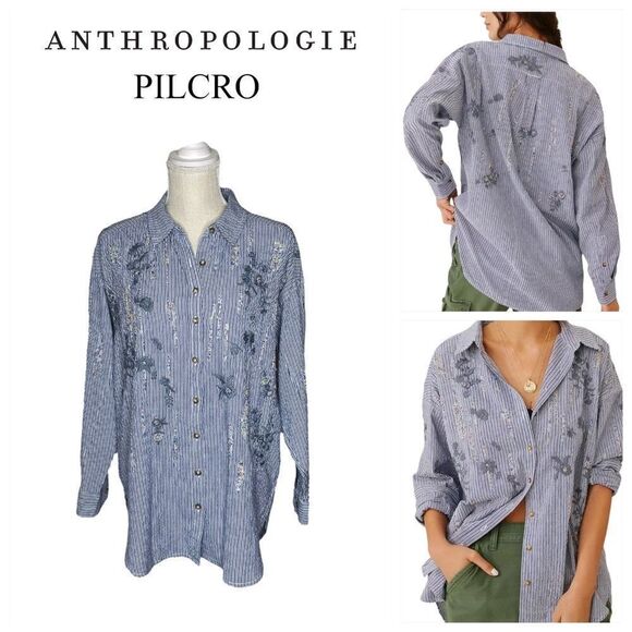 Anthropologie Pilcro Beaded & Embroidered Pinstriped  Striped Seersucker Top - Picture 1 of 16